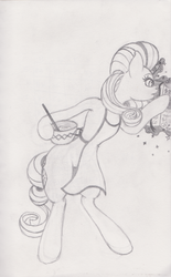 Size: 1667x2696 | Tagged: safe, artist:coltboy, rarity, g4, apron, baking, clothes, cooking, female, lineart, monochrome, pencil drawing, solo, traditional art