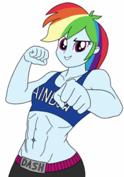 Size: 897x1280 | Tagged: safe, artist:blondenobody, rainbow dash, equestria girls, g4, abs, alternate clothes, belly button, clothes, female, midriff, muscles, rainbuff dash, solo, sports bra