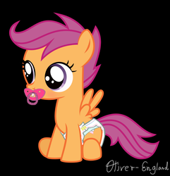 Size: 822x854 | Tagged: dead source, safe, artist:oliver-england, scootaloo, g4, baby, cute, cutealoo, diaper, female, pacifier, solo