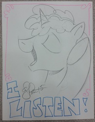 Size: 1975x2531 | Tagged: safe, artist:andypriceart, party favor, pony, unicorn, g4, blatant lies, eyes closed, i didn't listen, male, meme, open mouth, photo, smiling, solo, stallion, subversion, subverted meme, traditional art, underhoof