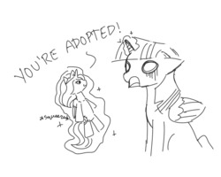 Size: 640x512 | Tagged: safe, artist:artylovr, princess celestia, twilight sparkle, alicorn, pony, g4, adopted offspring, doll, female, mare, monochrome, no pupils, open mouth, plushie, shocked, sketch, squeeze me celly, toy, twilight sparkle (alicorn), you're adopted
