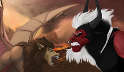 Size: 2840x1672 | Tagged: safe, artist:boomythemc, artist:php130, lord tirek, scorpan, g4, angry, brothers, collaboration, duo, epic, eye contact, fight, fire, glare, gritted teeth, headcanon, male, nose piercing, nose ring, open mouth, piercing, scene interpretation, septum piercing, snarling, spread wings, volcano