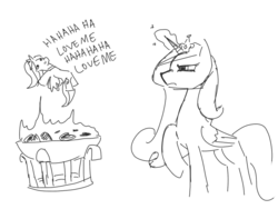 Size: 768x576 | Tagged: safe, artist:artylovr, princess cadance, princess celestia, g4, barbeque, female, monochrome, plushie, sketch, squeeze me celly, toy