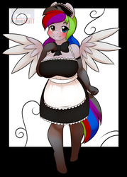 Size: 1125x1575 | Tagged: safe, artist:kloudmutt, oc, oc only, oc:cyclonespynn, pegasus, anthro, unguligrade anthro, blushing, clothes, heterochromia, maid, solo, stockings