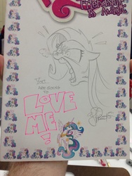 Size: 768x1024 | Tagged: safe, artist:andy price, fluttershy, princess celestia, g4, flutterrage, snorting, traditional art, you're going to love me