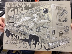 Size: 1024x768 | Tagged: safe, artist:andy price, princess celestia, star swirl the bearded, pony, g4, epic, license plate, monochrome, traditional art, van