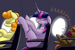 Size: 1748x1181 | Tagged: safe, artist:underpable, button mash, carrot top, golden harvest, twilight sparkle, earth pony, pony, unicorn, derpin daily, g4, crying, dialogue, eyes closed, female, floppy ears, frown, glare, male, open mouth, plane, sitting, tongue out, trio, twilight sparkle is not amused, unamused, unicorn twilight