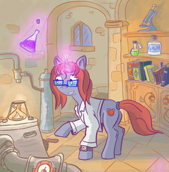 Size: 3012x3072 | Tagged: safe, artist:raddjuret, oc, oc only, oc:oxie, book, flask, glasses, high res, magic, microscope, solo, telekinesis