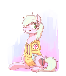 Size: 2170x2520 | Tagged: safe, artist:xieril, oc, oc only, oc:loveshy, blushing, chest fluff, clothes, cute, cutie mark on clothes, high res, hoodie, patch, socks, solo, sweater