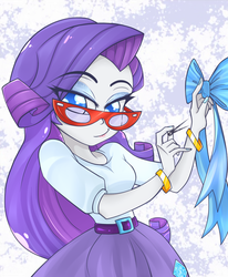 Size: 801x973 | Tagged: safe, artist:bansheekisara, artist:lunchie, rarity, equestria girls, g4, my little pony equestria girls: rainbow rocks, abstract background, belt, belt buckle, bracelet, buckle, clothes, colored, credits, eye clipping through hair, eyebrows, eyebrows visible through hair, eyeshadow, female, glasses, jewelry, makeup, nail polish, shine like rainbows, skirt, smiling, solo