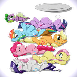 Size: 1000x1000 | Tagged: dead source, safe, artist:ushiro no kukan, applejack, fluttershy, pinkie pie, rainbow dash, rarity, spike, twilight sparkle, adorafatty, applefat, belly, big belly, bloated, chubby, cute, dashabetes, diapinkes, fat, fat spike, fattershy, food baby, full, jackabetes, mane seven, mane six, need to go on a diet, need to lose weight, pudgy pie, rainblob dash, raribetes, raritubby, regret, shyabetes, sleeping, snot bubble, spikabetes, stuffed, too fat to move, twiabetes, twilard sparkle, weight gain