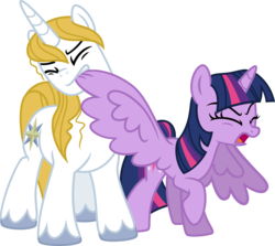 Size: 3917x3500 | Tagged: safe, artist:dzmaylon, prince blueblood, twilight sparkle, alicorn, pony, unicorn, g4, biting, envy, eyes closed, female, mare, open mouth, pulling, raised hoof, screaming, simple background, spread wings, standing, transparent background, twilight sparkle (alicorn), twilybuse, vector, wing bite