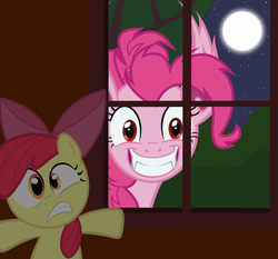 Size: 6000x5600 | Tagged: safe, artist:magister39, apple bloom, pinkie pie, bat pony, pony, g4, absurd resolution, bat ponified, female, filly, foal, grin, hiding, moon, night, pinkiebat, race swap, scared, vector