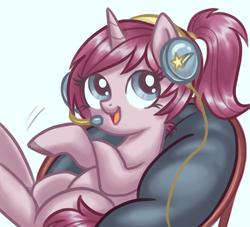 Size: 761x691 | Tagged: safe, artist:mcponyponypony, oc, oc only, oc:emcee, pony, unicorn, cute, female, headphones, mare, microphone, open mouth, ponytail, sitting, smiling, solo