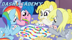 Size: 714x402 | Tagged: safe, artist:sorcerushorserus, derpy hooves, firefly, rainbow dash, surprise, pegasus, pony, comic:dash academy, g1, g4, board game, card, female, g1 to g4, game, generation leap, mare, popcorn