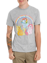 Size: 1360x1836 | Tagged: safe, applejack (g1), pinkie pie, rainbow dash, human, g1, g4, clothes, g4 to g1, generation leap, irl, irl human, merchandise, photo, t-shirt, tail bow