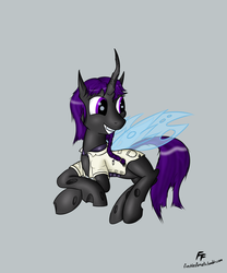 Size: 3000x3600 | Tagged: safe, artist:frecklesfanatic, oc, oc only, oc:busy buzz, changeling, changeling queen, fallout equestria, changeling queen oc, clothes, fallout equestria tabletop, female, grin, high res, lab coat, pnp, purple changeling, solo, torn clothes