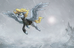 Size: 2000x1293 | Tagged: safe, artist:koviry, derpy hooves, pegasus, pony, g4, canterlot, clothes, female, flying, goggles, jacket, mare, saddle, snow, snowfall, solo, winter
