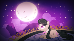 Size: 1920x1080 | Tagged: safe, artist:alexiy777, artist:barrfind, octavia melody, earth pony, pony, g4, balcony, bridge, female, full moon, lying down, mare, moon, moonlight, night, prone, solo, vector, wallpaper