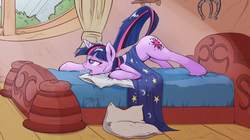Size: 2301x1285 | Tagged: safe, artist:danli69, twilight sparkle, pony, unicorn, g4, bed, blanket, blushing, breath, estrus, exhausted, face down ass up, female, golden oaks library, mare, open mouth, pillow, solo, sweat, tired, unicorn twilight, window