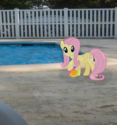 Size: 3102x3298 | Tagged: safe, artist:moongazeponies, artist:tokkazutara1164, fluttershy, g4, beach ball, fence, high res, irl, looking at you, photo, ponies in real life, solo, swimming pool, vector