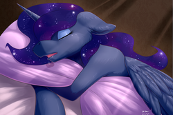 Size: 3000x2000 | Tagged: safe, artist:renatethepony, princess luna, g4, crepuscular rays, drool, eyes closed, female, floppy ears, high res, hug, pillow, sleeping, solo