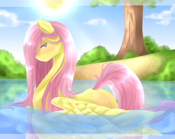 Size: 2068x1644 | Tagged: safe, artist:loure201, fluttershy, g4, bathing, female, outdoors, smiling, solo, swimming, water, wet mane