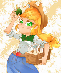 Size: 806x973 | Tagged: safe, artist:bansheekisara, artist:lunchie, applejack, equestria girls, g4, my little pony equestria girls: rainbow rocks, abstract background, belt, belt buckle, bottle, box, buckle, clothes, colored, colored pupils, cowboy hat, denim skirt, eyebrows, eyebrows visible through hair, female, hat, shine like rainbows, skirt, smiling, smirk, solo, stetson