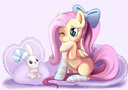 Size: 1023x721 | Tagged: dead source, safe, artist:pulsefirepony, angel bunny, fluttershy, pegasus, pony, rabbit, g4, animal, clothes, crossed arms, cute, duo, hair bow, one eye closed, shyabetes, sitting, smiling, socks, striped socks
