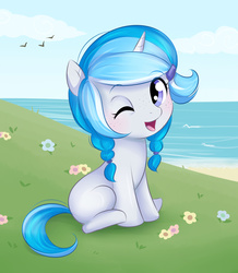 Size: 2731x3126 | Tagged: safe, artist:askbubblelee, oc, oc only, oc:bubble lee, pony, unicorn, adorable face, beach, blank flank, cute, female, filly, high res, ocbetes, pigtails, solo, wink, younger