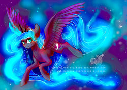 Size: 2912x2059 | Tagged: safe, artist:wilvarin-liadon, princess luna, g4, ear fluff, female, flying, high res, magic, necklace, patreon, smiling, solo, stars, watermark