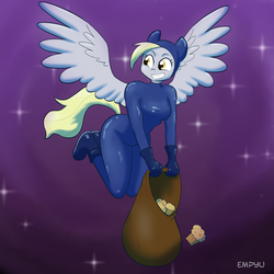 Size: 1000x1000 | Tagged: safe, artist:empyu, derpy hooves, anthro, g4, boots, catsuit, clothes, female, flying, gloves, grin, muffin, sack, solo, stealing, thief