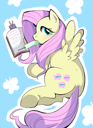 Size: 800x1099 | Tagged: safe, artist:karmirafox, fluttershy, butterfly, pegasus, pony, g4, book, butt, female, looking at you, looking back, looking back at you, mare, plot, popsicle, solo, sucking