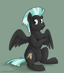 Size: 888x1000 | Tagged: safe, artist:spainfischer, thunderlane, pegasus, pony, g4, background pony, backwards cutie mark, crossed hooves, cute, looking at you, male, simple background, sitting, smiling, smirk, solo, spread wings, stallion, underhoof