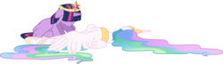 Size: 10482x3000 | Tagged: safe, artist:ruinedomega, princess celestia, twilight sparkle, alicorn, pony, g4, princess twilight sparkle (episode), absurd resolution, bad end, crying, deadlestia, female, lying down, mare, mourning, on side, sad, simple background, transparent background, twilight sparkle (alicorn), vector