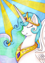 Size: 565x800 | Tagged: safe, artist:fishiewishes, princess celestia, g4, crepuscular rays, eyes closed, female, solo, spread wings, traditional art