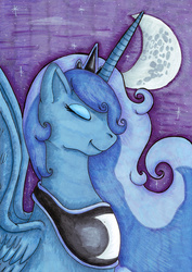 Size: 566x800 | Tagged: safe, artist:fishiewishes, princess luna, alicorn, pony, g4, eyes closed, female, mare, moon, solo, spread wings, traditional art