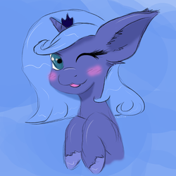 Size: 2698x2698 | Tagged: safe, artist:charrez, princess luna, g4, blushing, cute, ear fluff, female, filly, high res, solo, tongue out, wink, woona