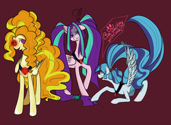 Size: 3500x2546 | Tagged: safe, artist:dancing-on-rainbow, adagio dazzle, aria blaze, sonata dusk, g4, dialogue, glowing eyes, high res, ponified, the dazzlings, trio