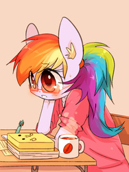 Size: 825x1100 | Tagged: dead source, safe, artist:joycall6, rainbow dash, anthro, g4, ambiguous facial structure, blushing, coffee, female, glasses, mug, pen, solo, studying