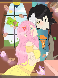 Size: 2527x3424 | Tagged: safe, artist:loure201, discord, fluttershy, human, g4, animal, cookie, crossed arms, female, high res, humanized, male, puffy cheeks, ship:discoshy, shipping, straight, upset