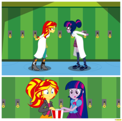 Size: 2032x2013 | Tagged: safe, artist:conikiblasu-fan, sci-twi, sunset shimmer, twilight sparkle, human, equestria girls, g4, alternate hairstyle, counterparts, dis gon b gud, high res, human sunset, lockers, popcorn, rivalry, sunset the science gal, this will end in science, twilight's counterparts