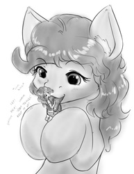 Size: 673x870 | Tagged: safe, artist:alloyrabbit, pinkie pie, human, pony, g4, cute, ear fluff, giant pony, giggling, grayscale, human ponidox, humanized, laughing, licking, macro, monochrome, monologue, size difference, tongue out