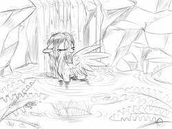 Size: 1400x1050 | Tagged: safe, artist:sirzi, oc, oc only, deer, peryton, deer oc, eyes closed, monochrome, non-pony oc, solo, water, waterfall