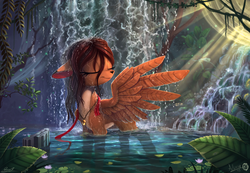 Size: 2500x1728 | Tagged: safe, artist:sirzi, artist:yakovlev-vad, oc, oc only, deer, peryton, bathing, collaboration, crepuscular rays, eyes closed, jewelry, necklace, outdoors, slender, solo, sunlight, thin, water, waterfall, waterfall shower, wet mane