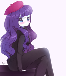 Size: 852x985 | Tagged: safe, artist:riouku, rarity, equestria girls, g4, beatnik rarity, bedroom eyes, beret, blushing, clothes, female, hat, smiling, solo