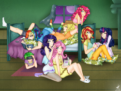 Size: 2400x1800 | Tagged: safe, artist:monnarcha, applejack, fluttershy, pinkie pie, rainbow dash, rarity, spike, sunset shimmer, twilight sparkle, human, g4, alternate mane seven, bed, blood, book, bunny slippers, clothes, female, human spike, humanized, lesbian, mane seven, mane six, nosebleed, phone, reading, ship:appledash, ship:flarity, ship:sunsetsparkle, shipping, sleepover, slippers, smartphone, socks, stockings