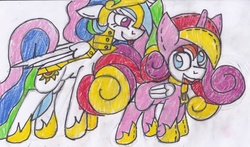 Size: 2645x1550 | Tagged: safe, artist:cuddlelamb, princess cadance, princess celestia, oc, oc:cuddlelamb, g4, clothes, pony costume, traditional art