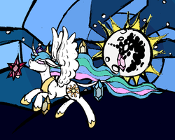 Size: 1800x1440 | Tagged: safe, artist:ahaintthatbad, princess celestia, g4, crying, elements of harmony, female, mare in the moon, moon, solo, spread wings