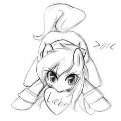 Size: 1000x1000 | Tagged: safe, artist:randy, oc, oc only, oc:aryanne, pony, ><, black and white, blushing, bowing, butt, clothes, cute, female, german, grayscale, heart, looking up, love, monochrome, outline, plot, shirt, solo